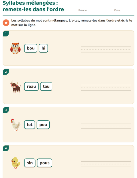 Aperçu de la fiche Découper en syllabes avec Animaux de la ferme pour CP (cours préparatoire)