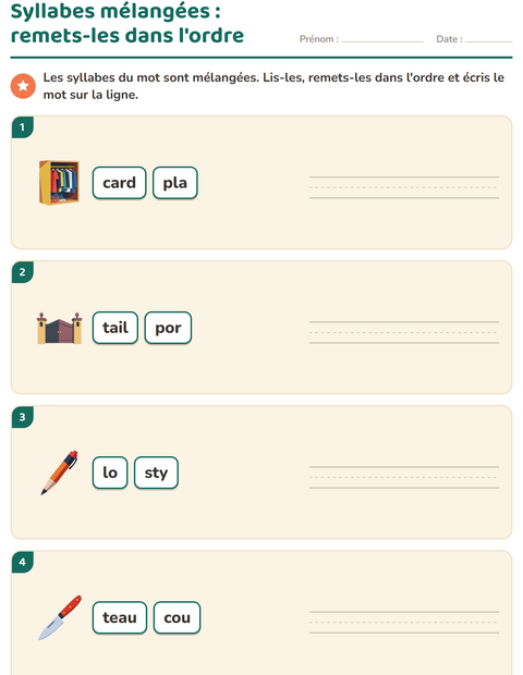 Aperçu de la fiche Découper en syllabes avec Autour de la maison pour CP (cours préparatoire)
