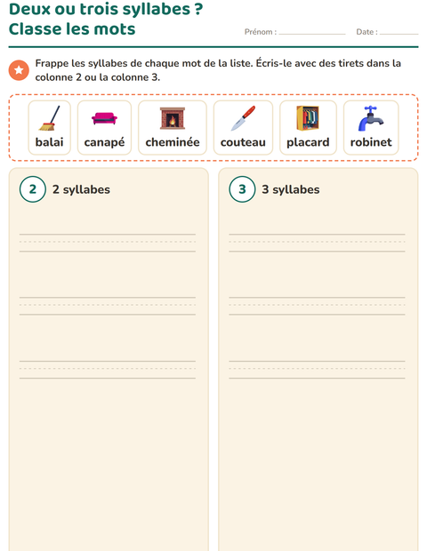 Aperçu de la fiche Découper en syllabes avec Autour de la maison pour CP (cours préparatoire)
