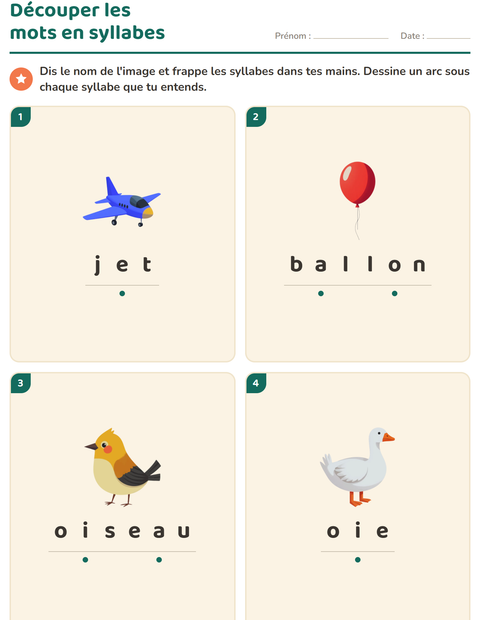 Aperçu de la fiche Découper en syllabes avec Choses qui volent pour CP (cours préparatoire)