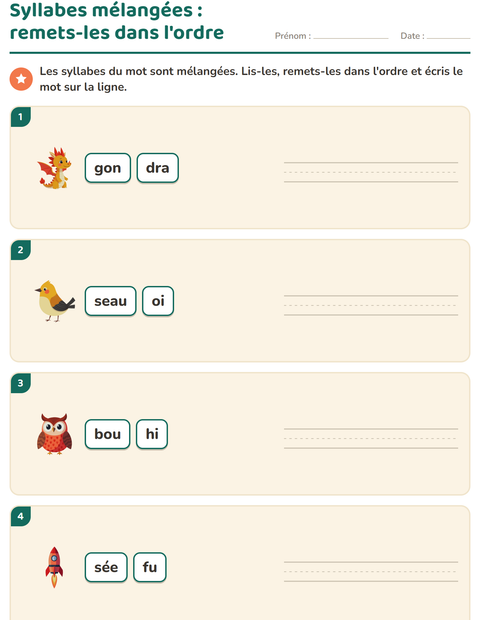 Aperçu de la fiche Découper en syllabes avec Choses qui volent pour CP (cours préparatoire)