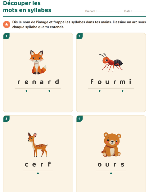 Aperçu de la fiche Découper en syllabes avec Créatures de la forêt pour CP (cours préparatoire)