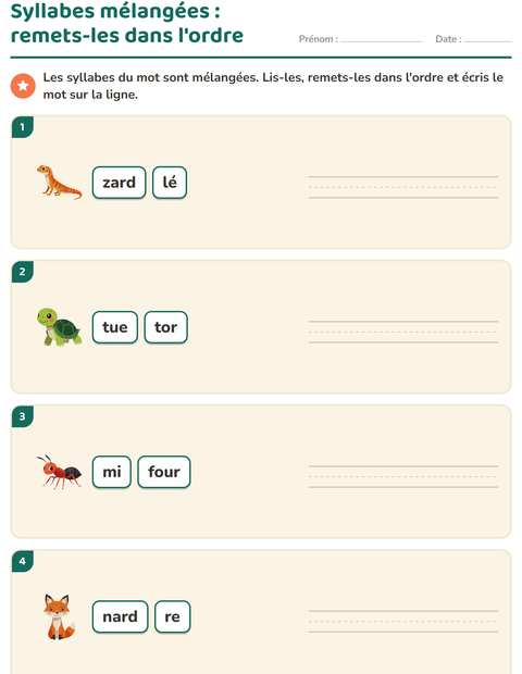 Aperçu de la fiche Découper en syllabes avec Créatures de la forêt pour CP (cours préparatoire)