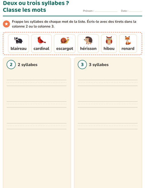 Aperçu de la fiche Découper en syllabes avec Créatures de la forêt pour CP (cours préparatoire)
