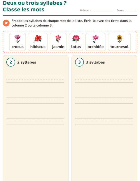 Aperçu de la fiche Découper en syllabes avec Fleurs pour CP (cours préparatoire)