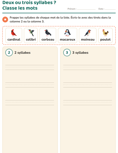 Aperçu de la fiche Découper en syllabes avec Oiseaux 2 pour CP (cours préparatoire)