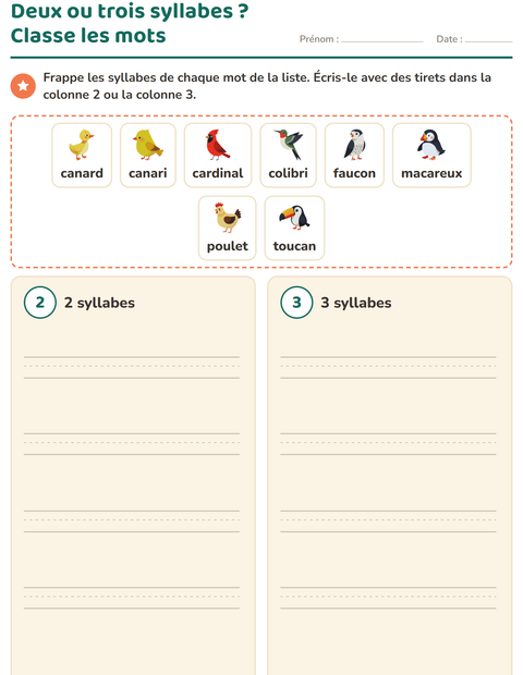 Aperçu de la fiche Découper en syllabes avec Oiseaux 2 pour CP (cours préparatoire)