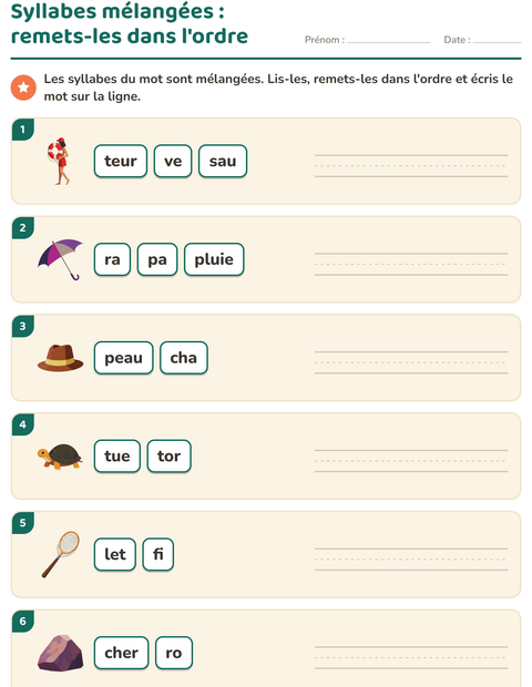 Aperçu de la fiche Découper en syllabes avec Plage pour CP (cours préparatoire)