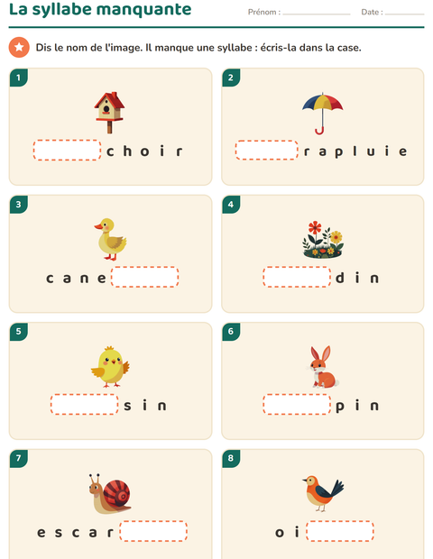 Aperçu de la fiche Découper en syllabes avec Printemps pour CP (cours préparatoire)