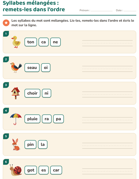 Aperçu de la fiche Découper en syllabes avec Printemps pour CP (cours préparatoire)