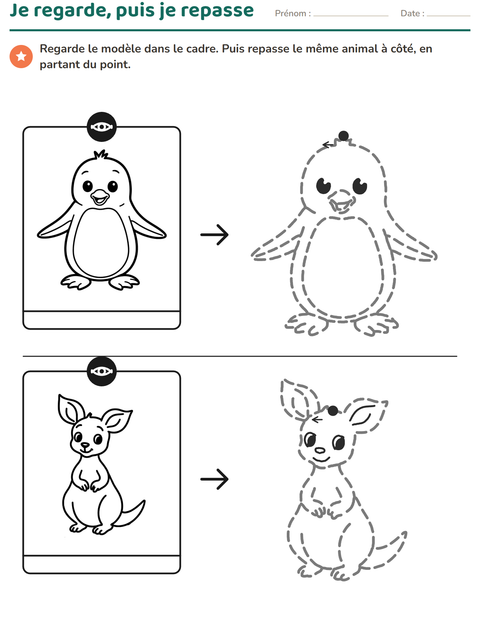 Repasse le dessin d'après le modèle : deux animaux en PS