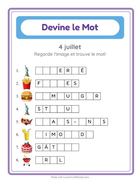Aperçu de la fiche Devine Le Mot avec 4 juillet pour École maternelle (grande section, 5-7 ans)