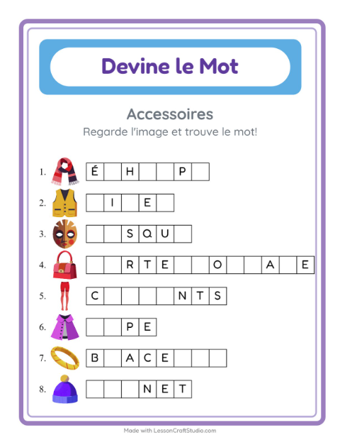 Aperçu de la fiche Devine Le Mot avec Accessoires pour École maternelle (grande section, 5-7 ans)