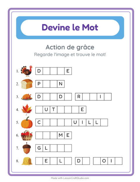 Aperçu de la fiche Devine Le Mot avec Action de grâce pour École maternelle (grande section, 5-7 ans)
