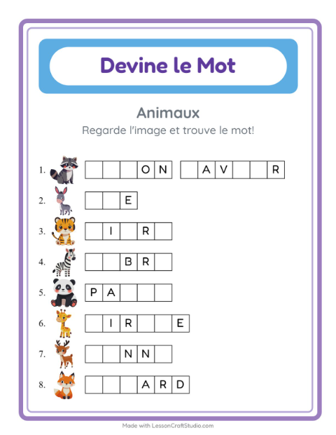 Aperçu de la fiche Devine Le Mot avec Animaux pour École maternelle (grande section, 5-7 ans)