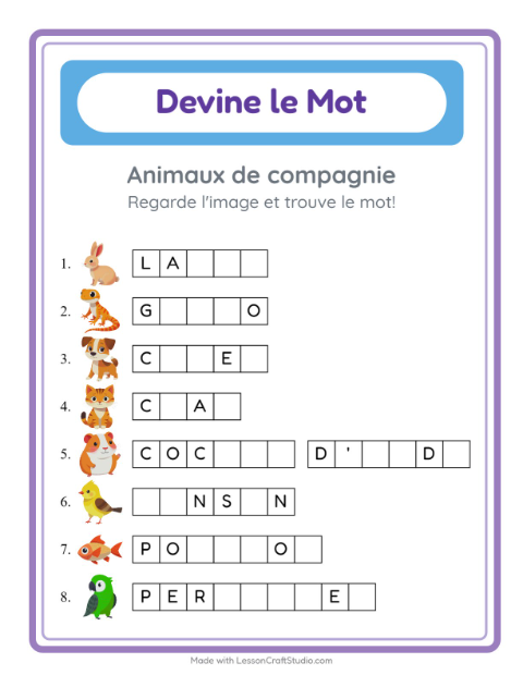 Aperçu de la fiche Devine Le Mot avec Animaux de compagnie pour École maternelle (grande section, 5-7 ans)