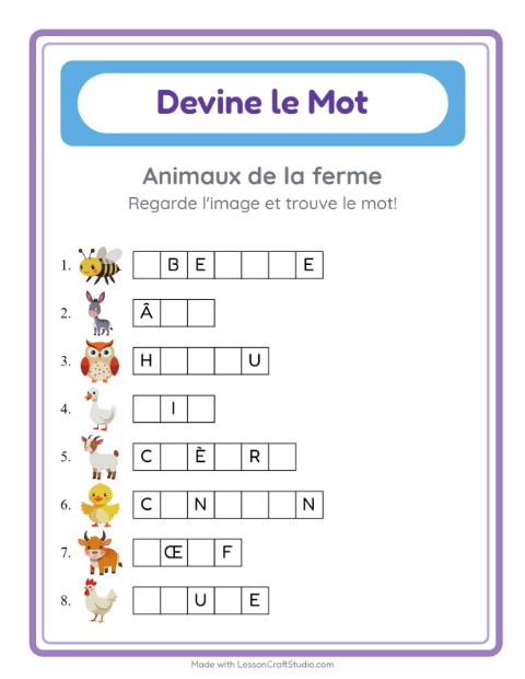 Aperçu de la fiche Devine Le Mot avec Animaux de la ferme pour École maternelle (grande section, 5-7 ans)