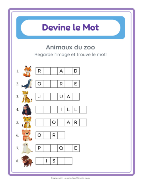 Aperçu de la fiche Devine Le Mot avec Animaux du zoo pour École maternelle (grande section, 5-7 ans)