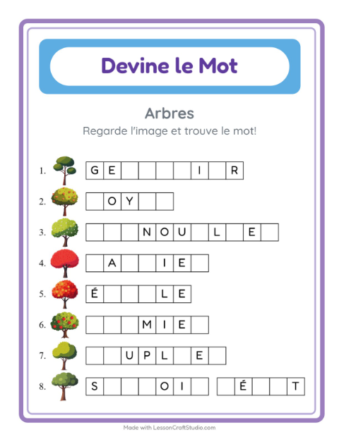 Aperçu de la fiche Devine Le Mot avec Arbres pour École maternelle (grande section, 5-7 ans)