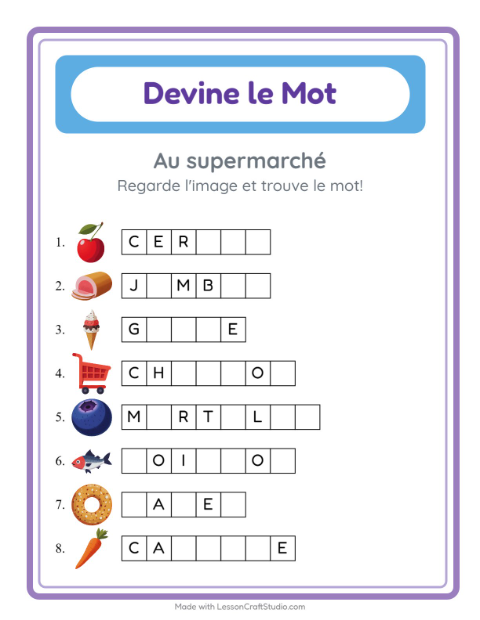 Aperçu de la fiche Devine Le Mot avec Au supermarché pour École maternelle (grande section, 5-7 ans)