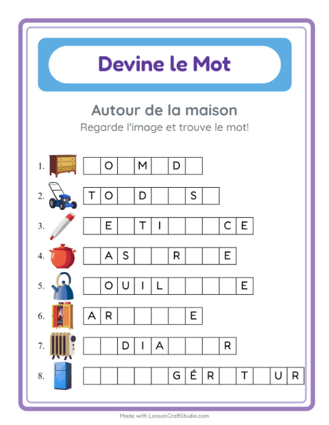 Aperçu de la fiche Devine Le Mot avec Autour de la maison pour École maternelle (grande section, 5-7 ans)