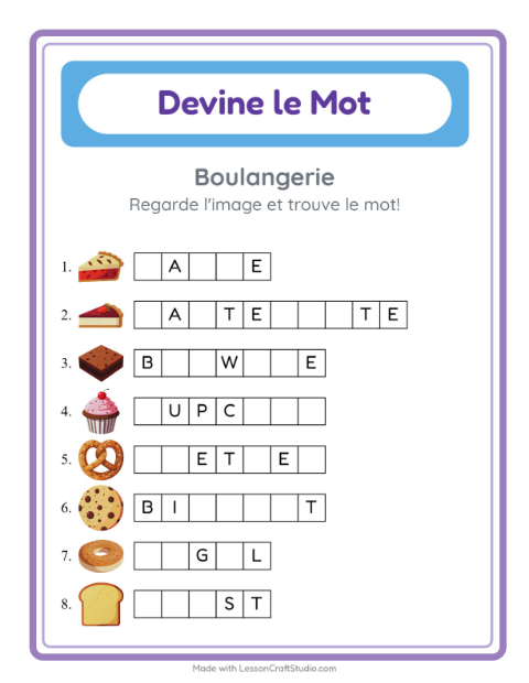 Aperçu de la fiche Devine Le Mot avec Boulangerie pour École maternelle (grande section, 5-7 ans)
