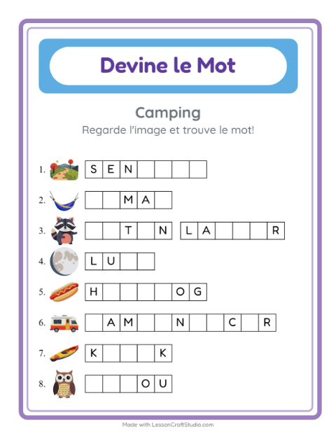 Aperçu de la fiche Devine Le Mot avec Camping pour École maternelle (grande section, 5-7 ans)