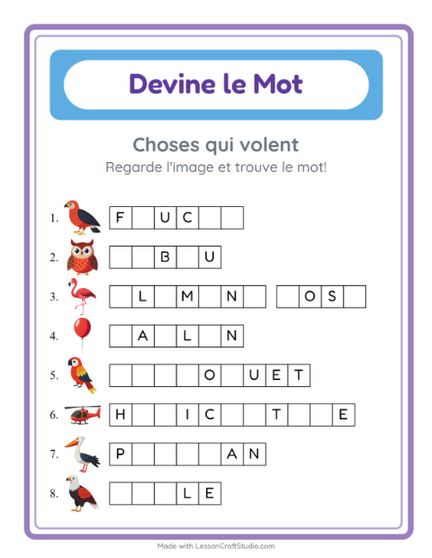 Aperçu de la fiche Devine Le Mot avec Choses qui volent pour École maternelle (grande section, 5-7 ans)