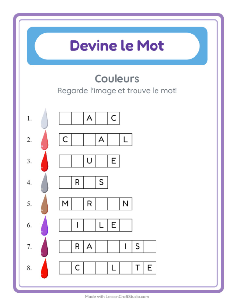 Aperçu de la fiche Devine Le Mot avec Couleurs pour École maternelle (grande section, 5-7 ans)