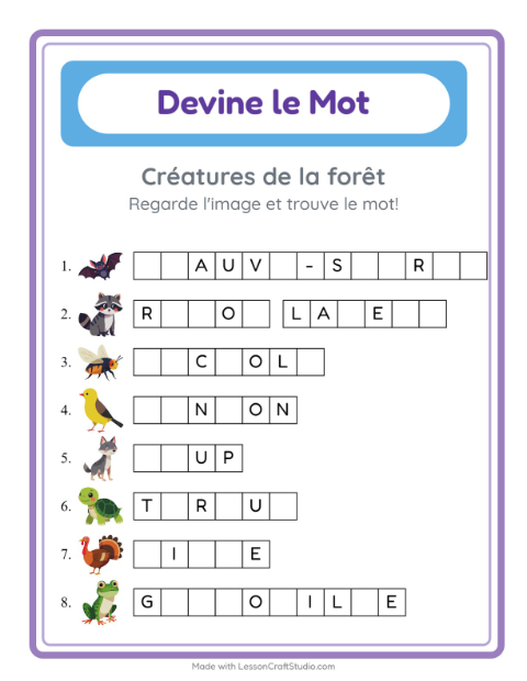 Aperçu de la fiche Devine Le Mot avec Créatures de la forêt pour École maternelle (grande section, 5-7 ans)