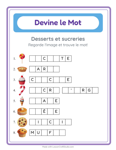 Aperçu de la fiche Devine Le Mot avec Desserts et sucreries pour École maternelle (grande section, 5-7 ans)