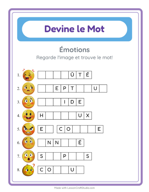 Aperçu de la fiche Devine Le Mot avec Émotions pour École maternelle (grande section, 5-7 ans)