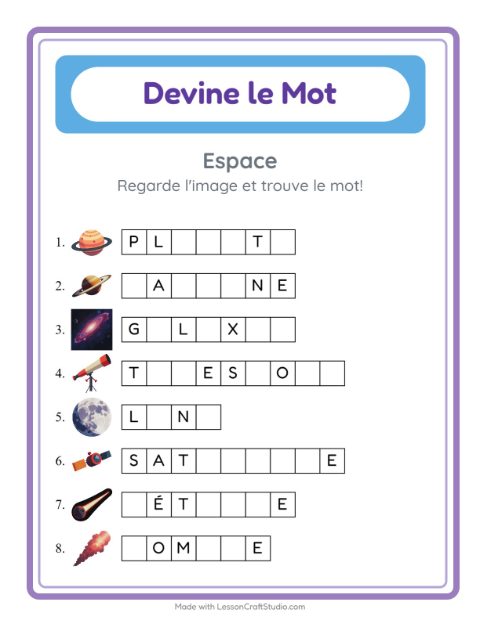 Aperçu de la fiche Devine Le Mot avec Espace pour École maternelle (grande section, 5-7 ans)