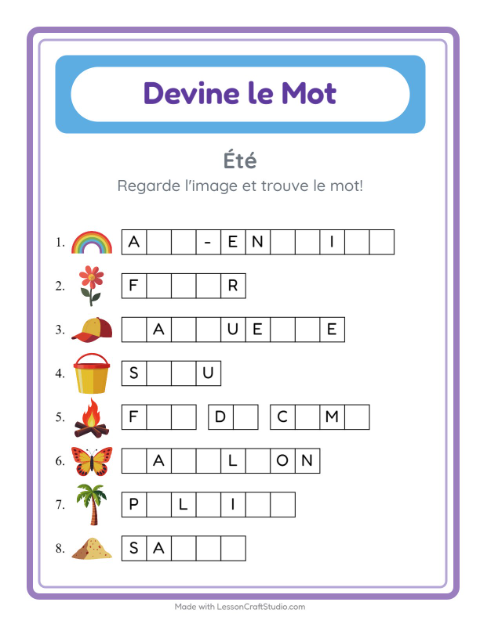 Aperçu de la fiche Devine Le Mot avec Été pour École maternelle (grande section, 5-7 ans)