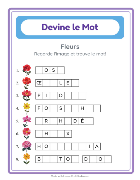 Aperçu de la fiche Devine Le Mot avec Fleurs pour École maternelle (grande section, 5-7 ans)
