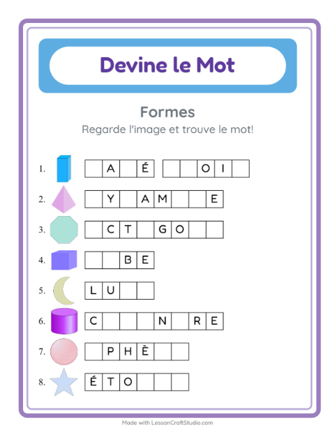 Aperçu de la fiche Devine Le Mot avec Formes pour École maternelle (grande section, 5-7 ans)