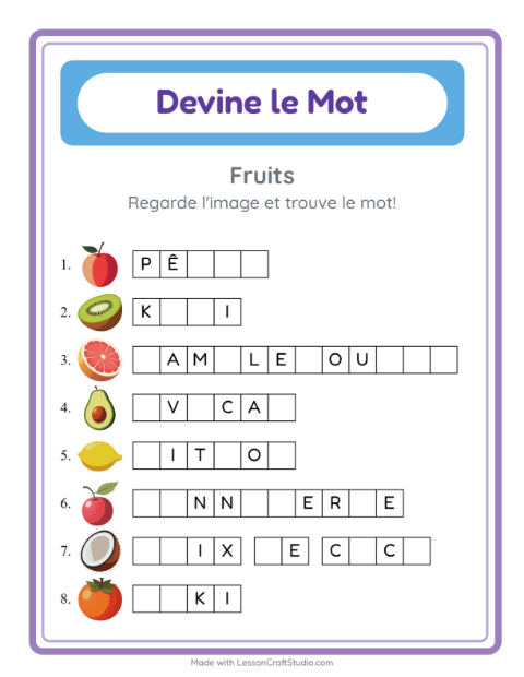 Aperçu de la fiche Devine Le Mot avec Fruits pour École maternelle (grande section, 5-7 ans)