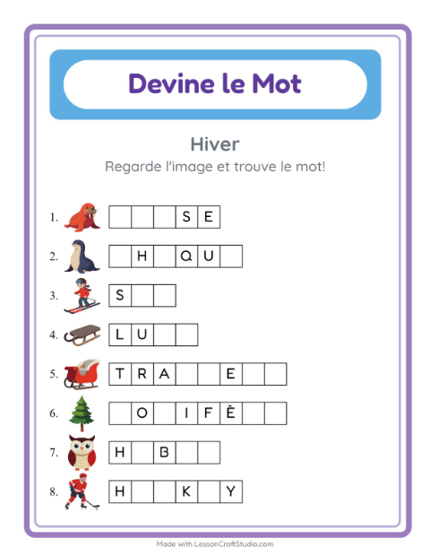 Aperçu de la fiche Devine Le Mot avec Hiver pour École maternelle (grande section, 5-7 ans)