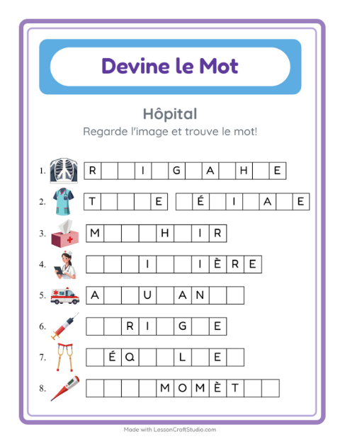 Aperçu de la fiche Devine Le Mot avec Hôpital pour École maternelle (grande section, 5-7 ans)