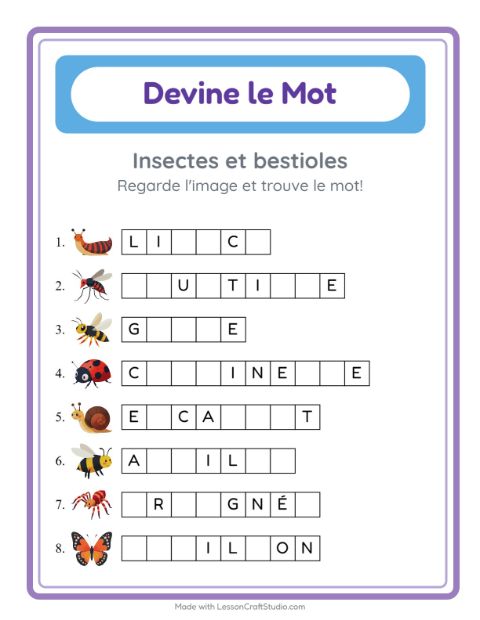 Aperçu de la fiche Devine Le Mot avec Insectes et bestioles pour École maternelle (grande section, 5-7 ans)