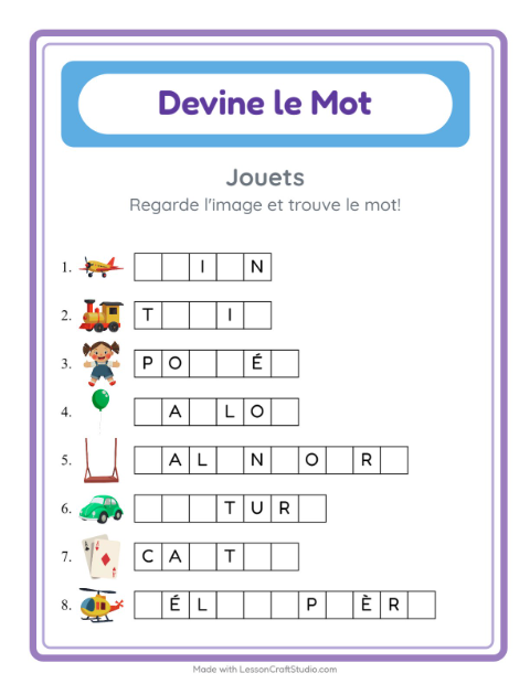 Aperçu de la fiche Devine Le Mot avec Jouets pour École maternelle (grande section, 5-7 ans)