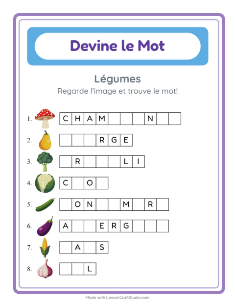 Aperçu de la fiche Devine Le Mot avec Légumes pour École maternelle (grande section, 5-7 ans)