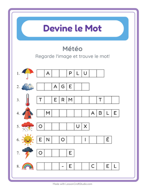 Aperçu de la fiche Devine Le Mot avec Météo pour École maternelle (grande section, 5-7 ans)