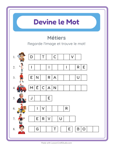 Aperçu de la fiche Devine Le Mot avec Métiers pour École maternelle (grande section, 5-7 ans)