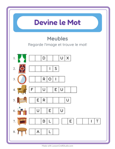 Aperçu de la fiche Devine Le Mot avec Meubles pour École maternelle (grande section, 5-7 ans)