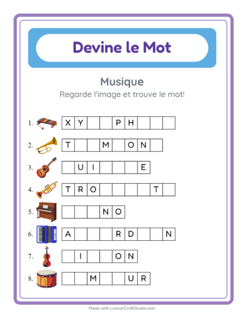 Aperçu de la fiche Devine Le Mot avec Musique pour École maternelle (grande section, 5-7 ans)
