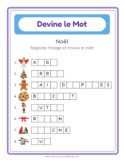 Aperçu de la fiche Devine Le Mot avec Noël pour École maternelle (grande section, 5-7 ans)