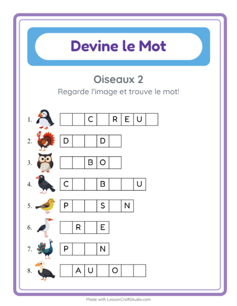 Aperçu de la fiche Devine Le Mot avec Oiseaux 2 pour École maternelle (grande section, 5-7 ans)