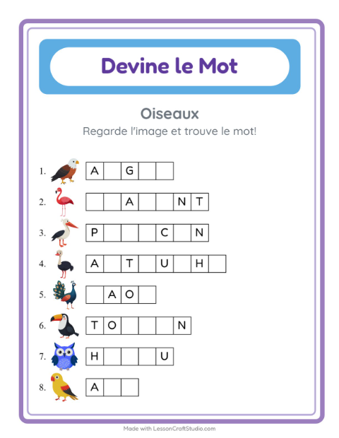 Aperçu de la fiche Devine Le Mot avec Oiseaux pour École maternelle (grande section, 5-7 ans)