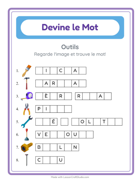 Aperçu de la fiche Devine Le Mot avec Outils pour École maternelle (grande section, 5-7 ans)